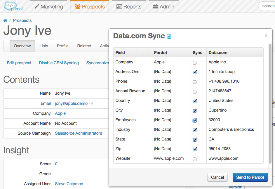 Salesforce Pardot Data.com Prospect Enrich