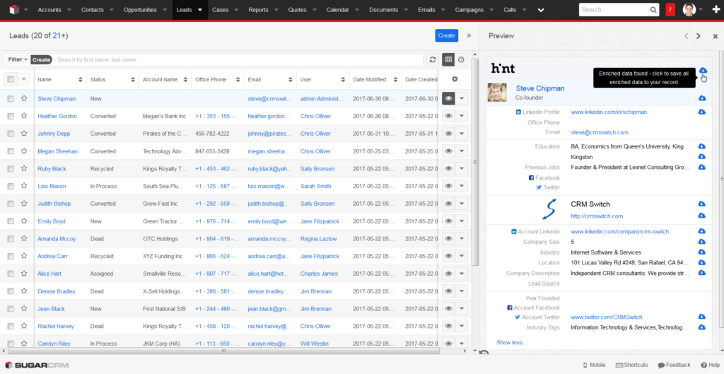 SugarCRM Hint Relationship Intelligence