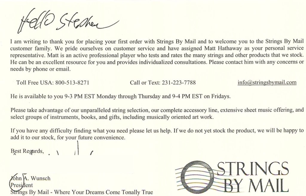 Note From President of Strings by Mail