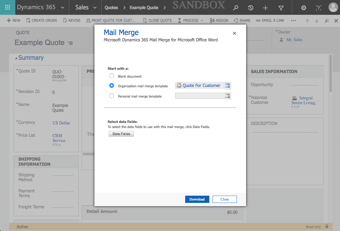 Microsoft Dynamics 365 Word Merge