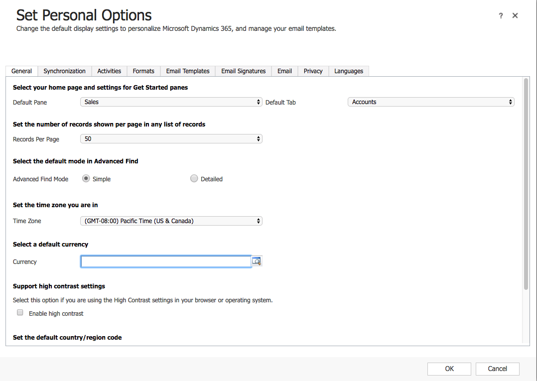 Microsoft Dynamics 365 Set Personal Options