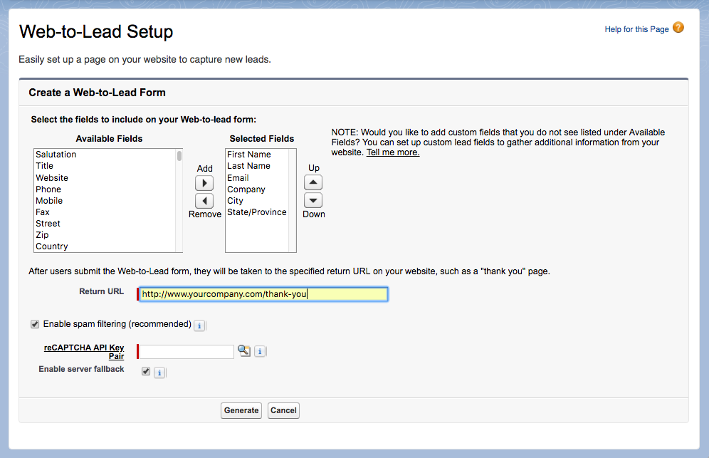 Salesforce Web to Lead Setup