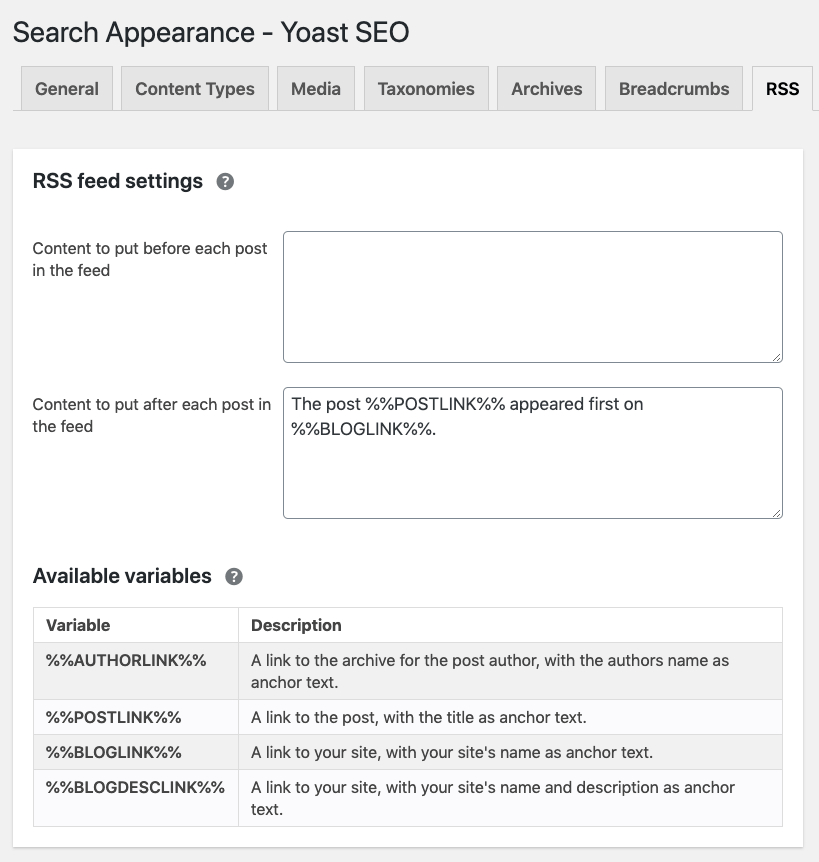 Yoast SEO RSS Content