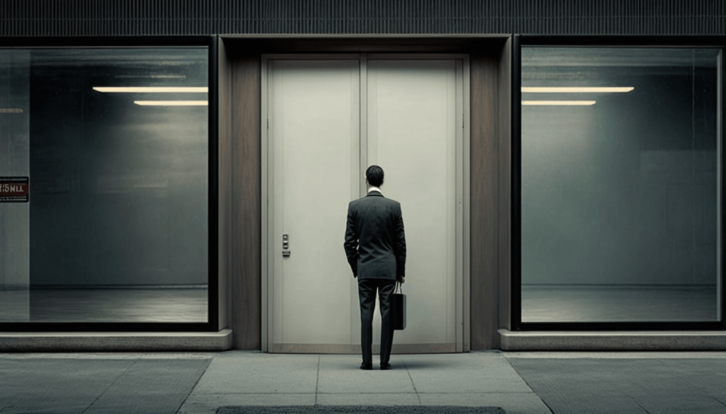 A salesperson in front of a locked office door