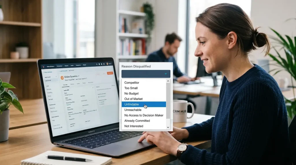 A Salesperson Selecting The Reason For Disqualifying a CRM Lead