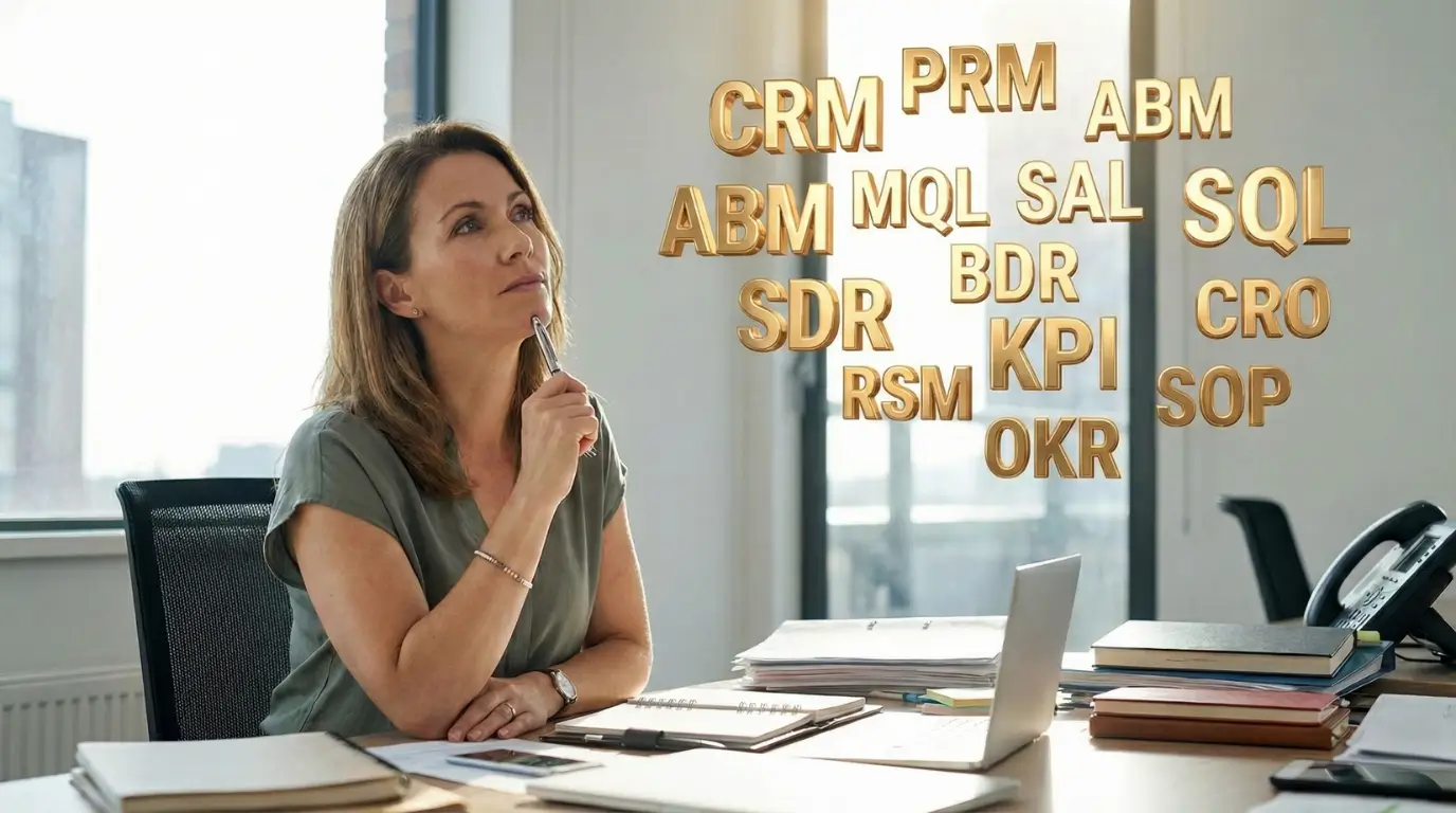 A businesswoman pondering CRM-related acronyms