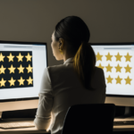 Woman looking at CRM review sites