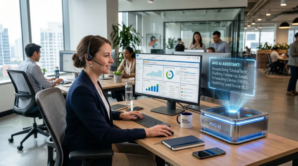 A salesperson with an AI bot assistant