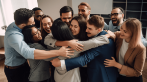 Group hug of salespeople and marketers