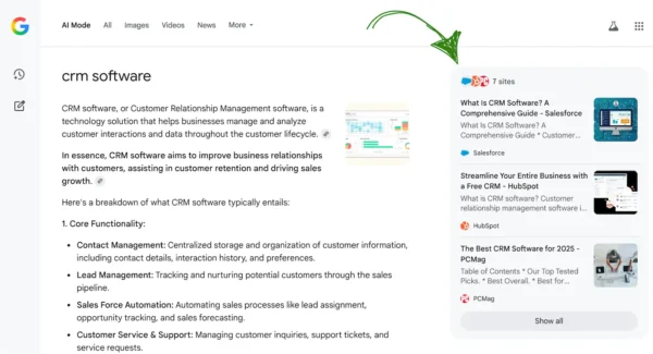 Google AI Mode Result for CRM Software Category.